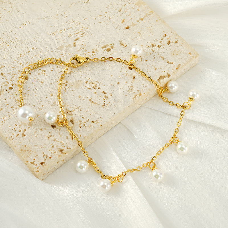 Womens Fashion Pearl Tassel Titanium Steel Bracelet