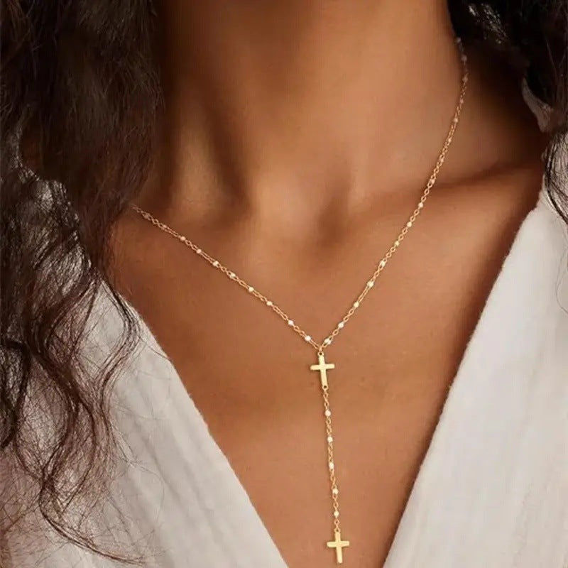 Versatile Pearl Chain Y-Shaped Cross Tassel Necklace