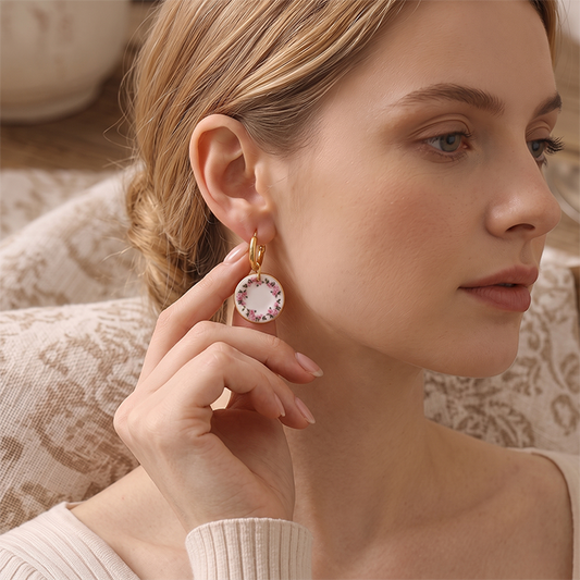 Cottagecore Miniature Ceramic Plate Earrings - 18K Gold Plated Stainless Steel Hoop Earrings - Vintage Pink Floral Wreath Porcelain Jewelry Gift