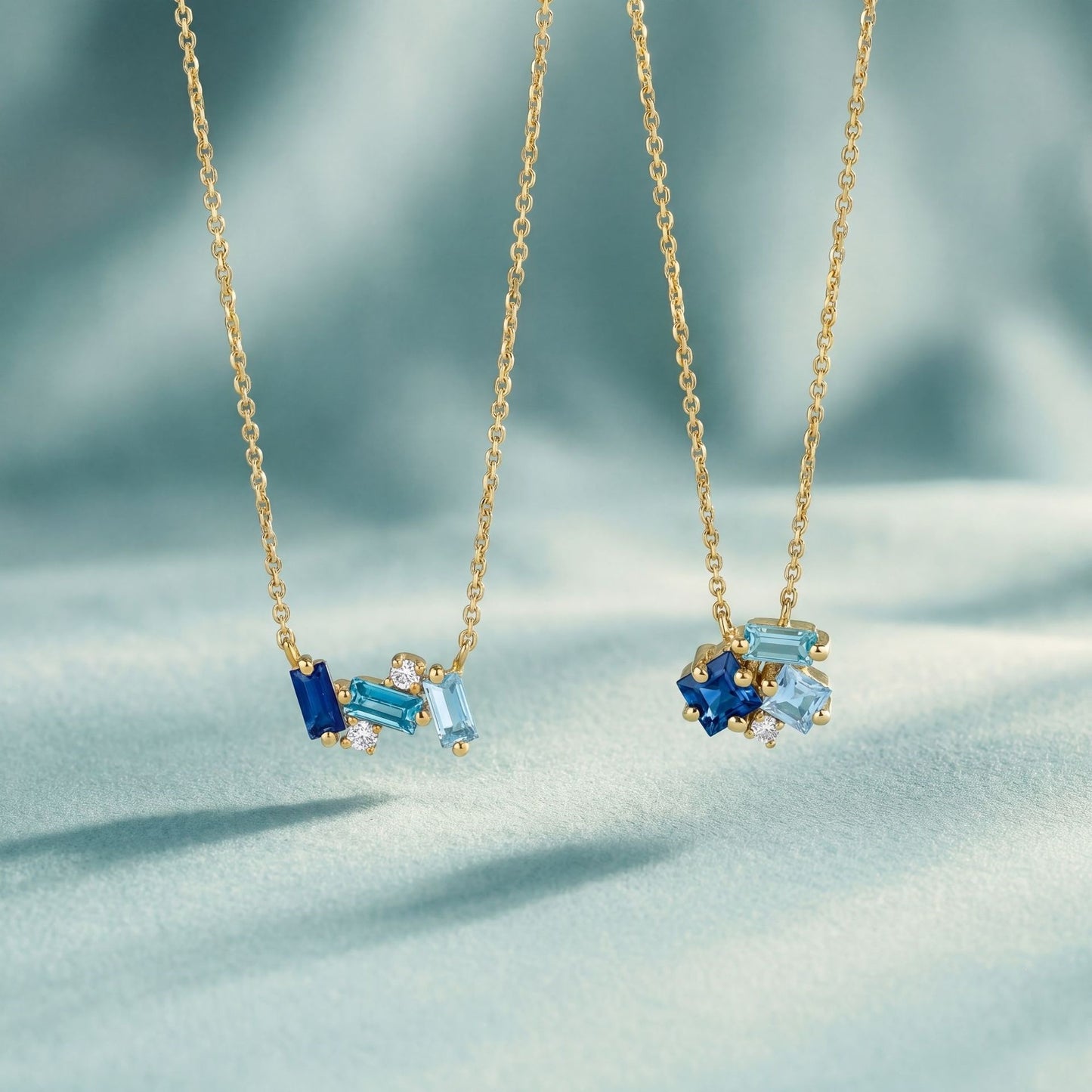 Blue Diamond Geometric Paved Gold Multi-Shape Clavicle Chain Necklace Accessory